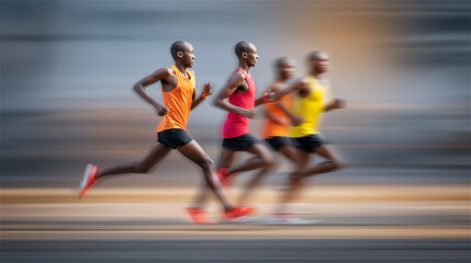 Diverse group of athletes running together in an urban environment, expressing teamwork, endurance, healthy lifestyle and energetic motion in a modern competitive setting.