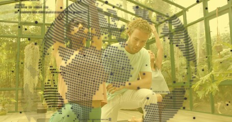 Kneeling 3 adults practicing stretches at glass greenhouse wearing activewear dotted globe overlay