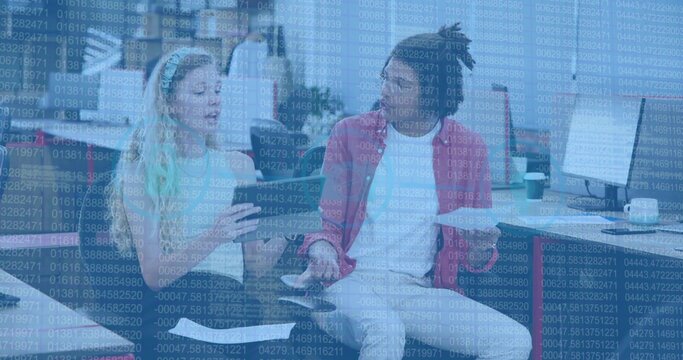 Discussing, white-top woman and red-jacket man with phone and papers in office lounge, data overlay - Powered by Adobe