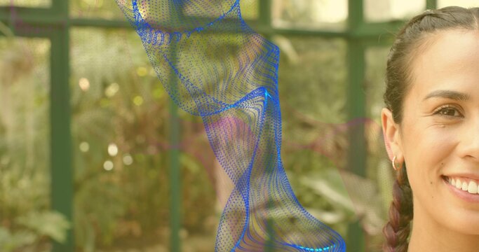 Smiling woman posing in greenhouse with braids, hoop earring, green frames, blue mesh, copy space - Powered by Adobe
