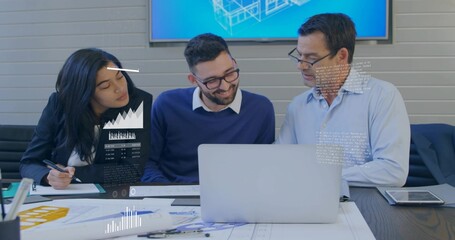 Reviewing three in office attire collaborating on plans in meeting room with laptop and 3D screen