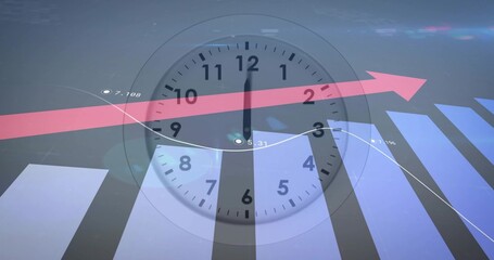 Showing centered translucent clock over bars and line graph in finance graphic, with pink arrow