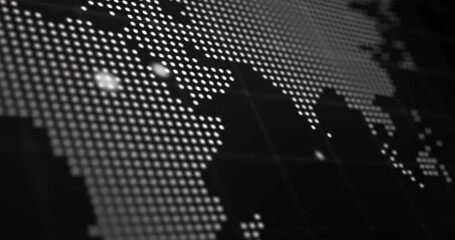 Displaying stylized dotted world map on dark panel, with grid, soft bokeh, bright nodes