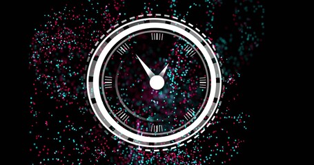 Displaying white circular clock dial with triangular hand on black backdrop, with cyan magenta dots