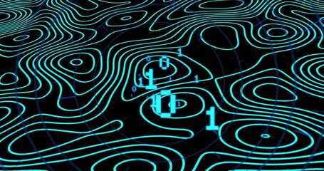 Glowing turquoise contour lines creating layered radar loops in black void, with binary 0s and 1s