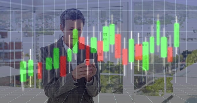 Holding smartphone, mature woman scanning candlestick overlay in office by windows, in gray suit