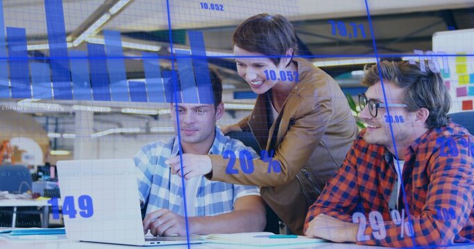 Leaning woman wearing brown blazer pointing at laptop at open-plan office, with blue data overlay