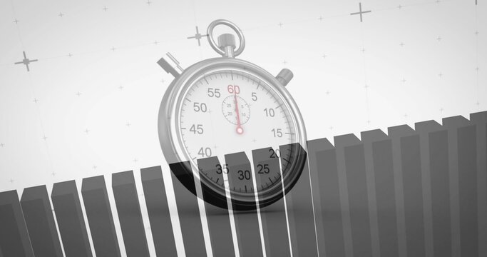 Displaying metallic stopwatch covering dark gray bars on pale gray studio, with red second hand