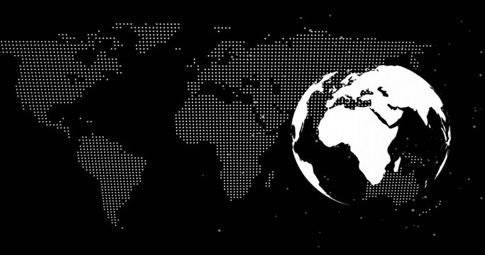 Naklejki Displaying white globe showing Africa, Europe, hovering right over halftone map, copy space