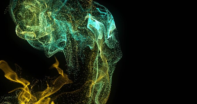 Swirling abstract particle ribbons and clouds moving upward in deep black void, teal gold spark - Powered by Adobe