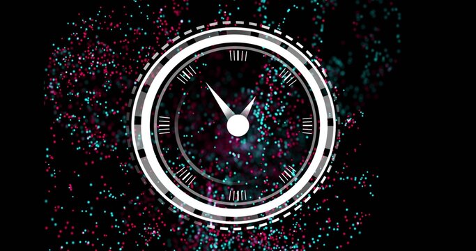 Displaying white circular clock dial with triangular hand on black backdrop, with cyan magenta dots