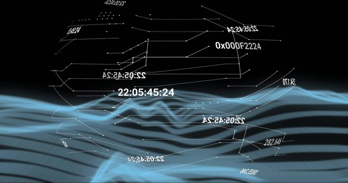 Flowing blue layered waveform moving across data void, showing wireframe nodes and numeric labels