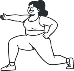 Fototapeta premium A cheerful woman performing a lunge exercise in a black and white outline vector style, suitable for fitness and health projects