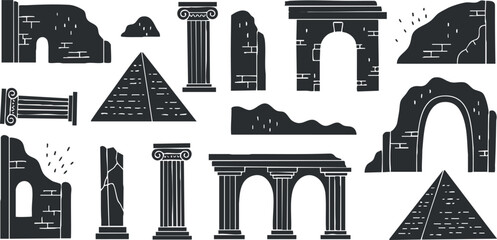 Obraz premium A collection of ancient ruins and architectural elements in black and white vector style, perfect for historical design projects