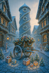 Frosty Christmas Village with Decorated Cart, Tower Lights and Snowy Holiday Gifts