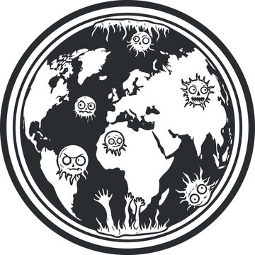 A stylized illustration of the Earth with cartoonish virus characters in black and white vector style, suitable for health and environmental awareness projects