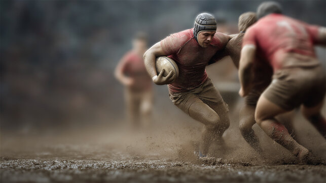 Rugby players in intense muddy action during a competitive match, showing strength, teamwork, physical contact and determination in rough outdoor conditions.