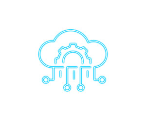 Blue cloud computing icon with gear and circuit lines, representing digital data processing, automation, technology infrastructure, innovation systems, and modern cloud services.