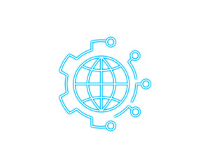 Blue global technology icon with gear and connected nodes, symbolizing worldwide digital systems, network engineering, automation, online innovation, and modern tech infrastructure.