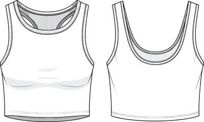 Sporty, cropped, white, tank, top, vector, illustration, front, and, back, view, athletic, activewear, apparel, template, fashion, flat, drawing, design, mockup