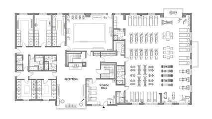 Fitness Center Floor Plan – Black & White Architectural Layout with Cardio Zone, Weightlifting Room, Locker Rooms, Reception & Studio Hall