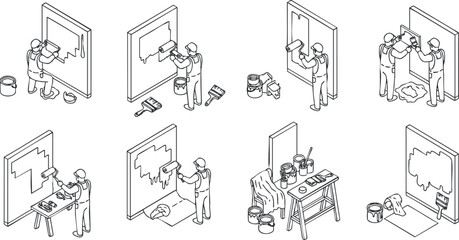 A set of line art illustrations depicting various stages of an artist painting on canvas in minimalist vector style, suitable for creative projects and art-related themes