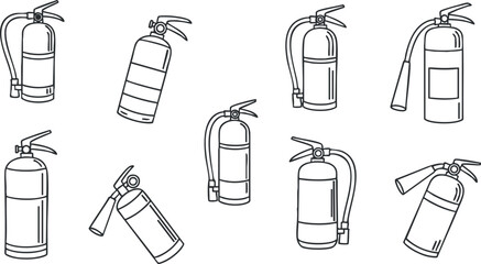 A set of fire extinguishers in simple outline vector style, ideal for safety training and emergency preparedness designs