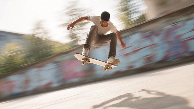 Young skateboarder performing a jump trick in an urban skate park, expressing freedom, youth culture, street movement and energetic outdoor lifestyle.