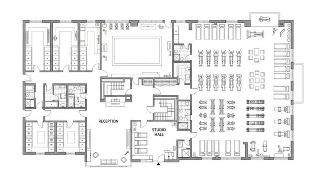 Fitness Center Floor Plan – Black & White Architectural Layout with Cardio Zone, Weightlifting Room, Locker Rooms, Reception & Studio Hall - Powered by Adobe