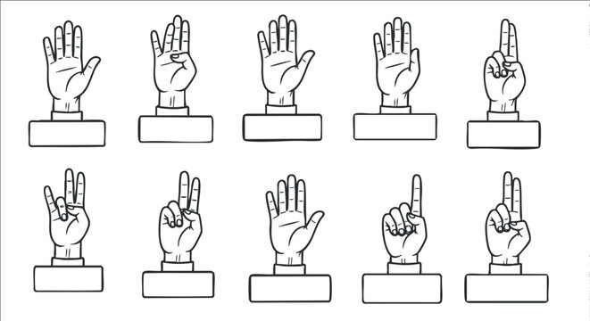 A collection of hand gestures in outline minimalist vector style, suitable for educational materials or sign language resources