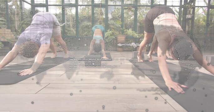 Practicing group in gear holding downward dog in greenhouse on black mats near bricks, overlay