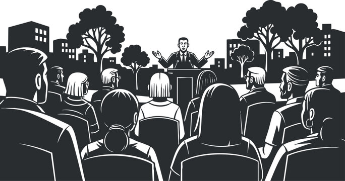 A speaker addressing an audience in a black and white vector style illustration, ideal for business presentations and events