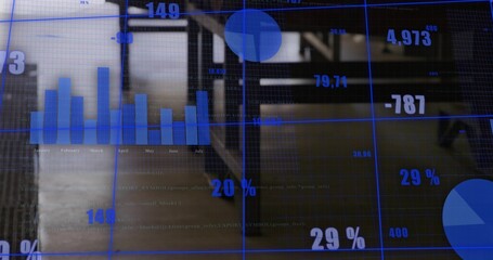 Overlaying transparent dashboard in office lobby, displaying bar chart, pie charts, numbers