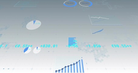 Displaying digital panels on pale gradient, showing ascending bar line chart with numeric overlays