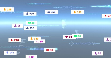Floating badges and counters drifting across blue-gray field, showing likes, bell, play, chat