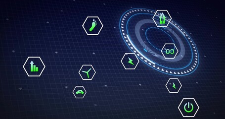 Displaying holo circular HUD rotating over dark blue grid, with hex icon tiles, copy space