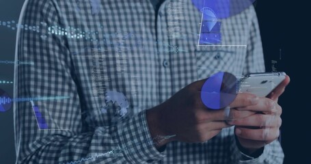 Tapping male hands in checkered shirt holding white smartphone with data overlays at studio