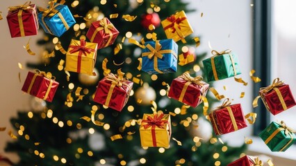 Vibrant Christmas gifts and golden confetti falling against a festive tree