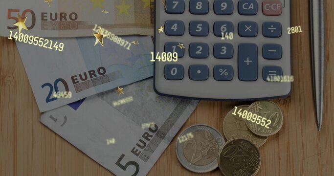 Showing 50, 20, 5 euro bills, coins and grey calculator on wooden tabletop showing numeric overlay