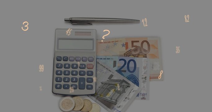 Sitting grey calculator on grey tabletop beside €50 or €20 notes, coins, metal pen, floating numeral