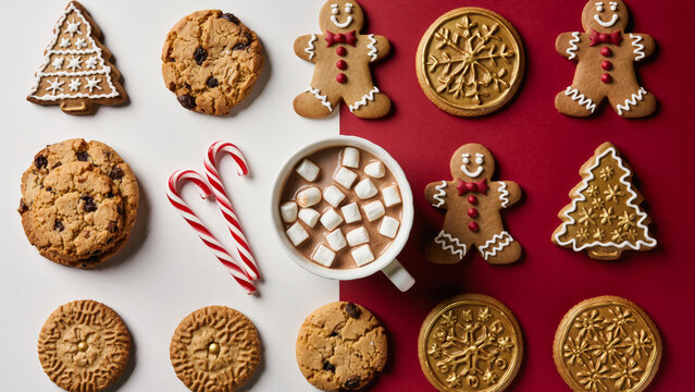 Christmas Cookies and Hot Chocolate Flat Lay on Red and White Split Background
