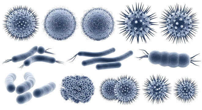 Collection of blue microscopic bacteria and viruses with spiky and rounded shapes, cutout, PNG isolated on white or transparent background
