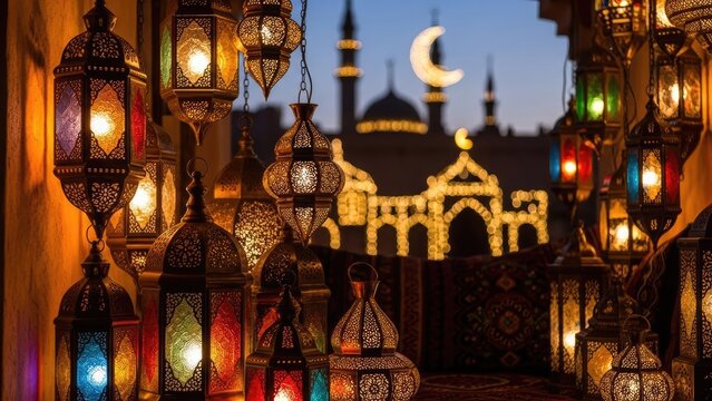 Vibrant Moroccan lanterns glow against a blurred mosque silhouette and crescent moon at dusk.