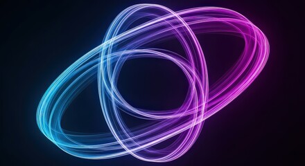 Abstract neon light trails forming intertwined elliptical shapes with a gradient of blue to purple on a dark background