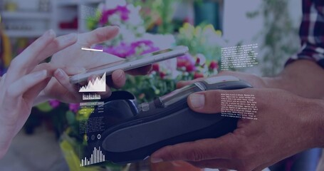 Tapping customer phone as merchant in checked shirt holding POS at flower shop, with data overlays