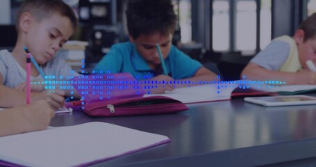 Writing three kids at classroom table, using pencils, purple notebooks, pink pencil case and tablet
