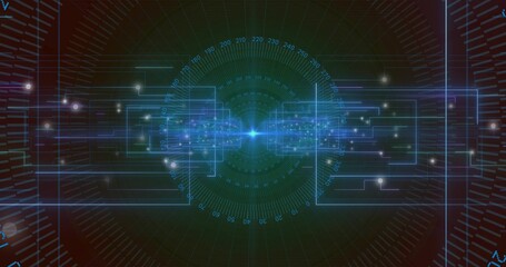 Pulsing central blue hub emitting concentric gauge ticks at HUD with thin panels, glowing traces