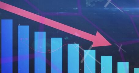 Displaying magenta arrow crossing blue cyan bar chart on dashboard, showing magenta line markers