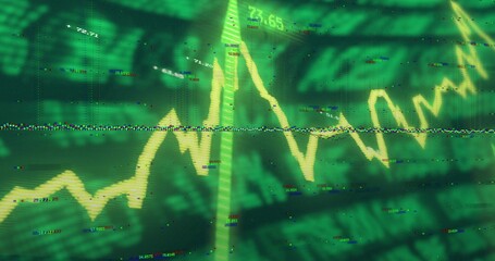 Displaying yellow jagged stock chart running over banknote on trading screen, with glitch band