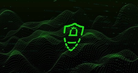 Pulsing centered neon-green shield icon hovering over virtual point-cloud terrain, with dotted mesh